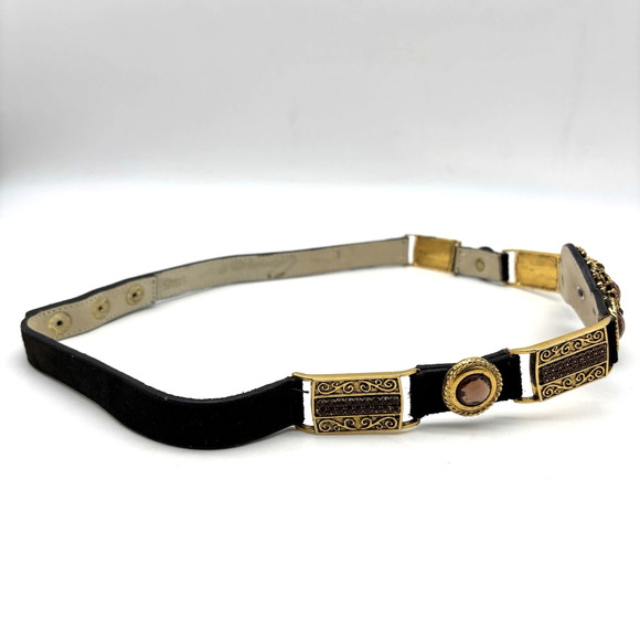 Vintage 80s Ames 9845 Black Suede Gold Medallion Rhinestone Waist Belt L 34\